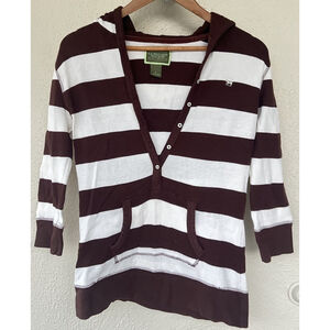 Y2K VTG US Polo Assn Brown White Striped Henley Hoodie Top Women’s L Bella Swan